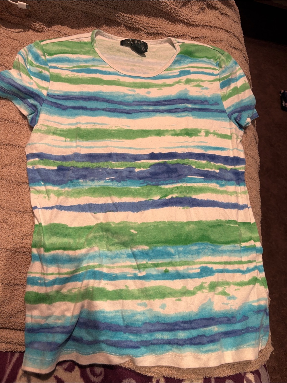 Lauren Ralph Lauren White Tee with Blue and Green Stripes